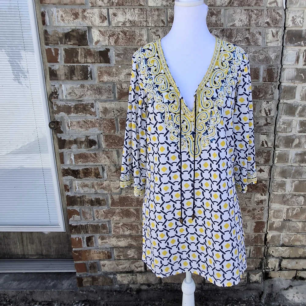 Barbara Gerwit Embellished Geometric Print Cover-Up Tunic Top Women Size Large - Picture 4 of 16